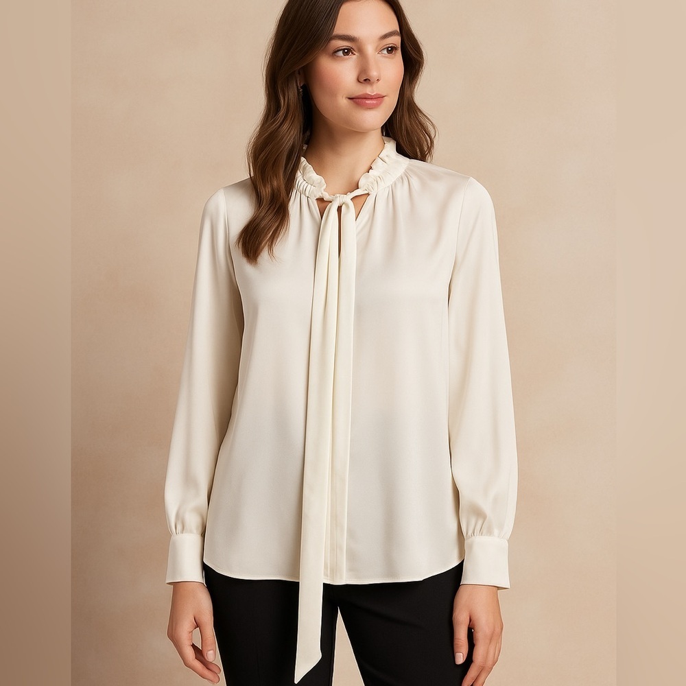 Ellen Tracy Cream Satin Tie-Neck Blouse – Size S – NWT